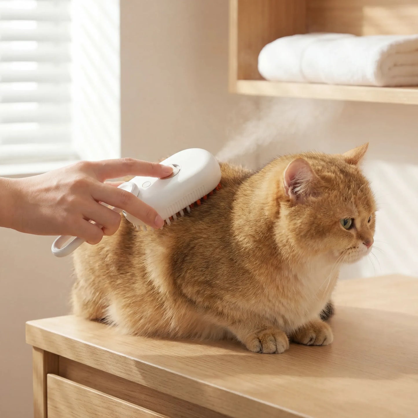 3-in-1 Pet Steam Brush in use on cat with visible mist — Zoro Pets