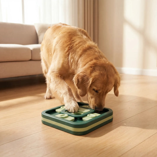 Interactive Dog Puzzle Toy with golden retriever solving puzzle on living room floor — Zoro Pets
