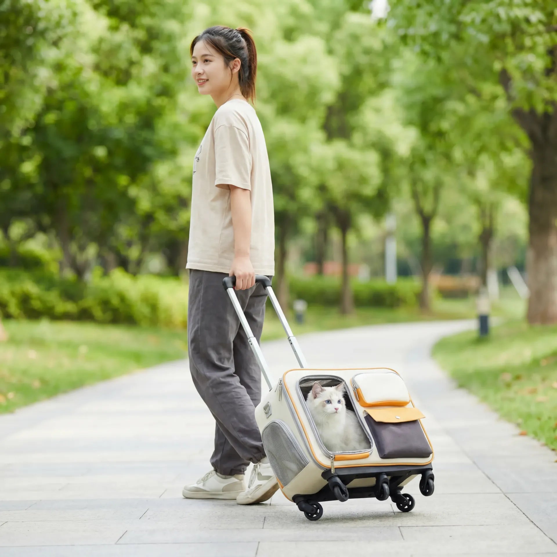 Pet Trolley Backpack lifestyle — woman walking in park with cat inside — Zoro Pets
