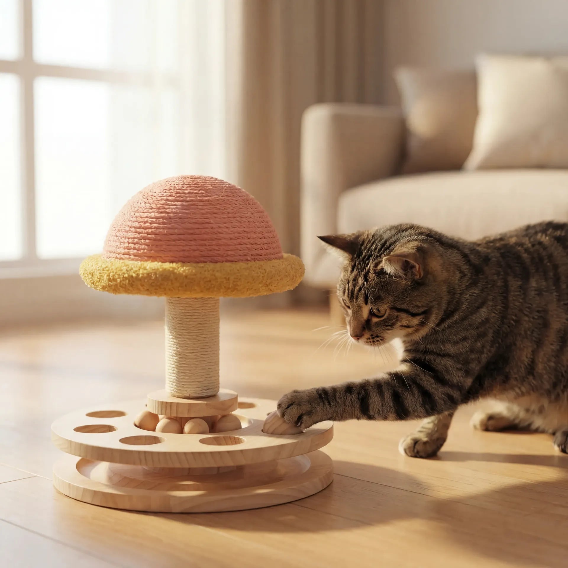 Wooden Sisal Cat Turntable Toy with tabby cat reaching and playing — Zoro Pets