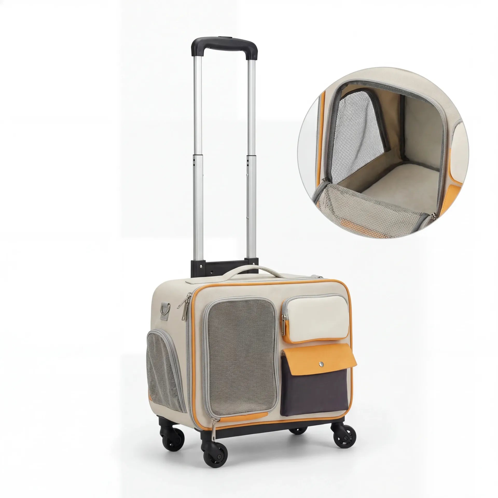 Pet Trolley Backpack studio shot with extended handle and interior detail — Zoro Pets